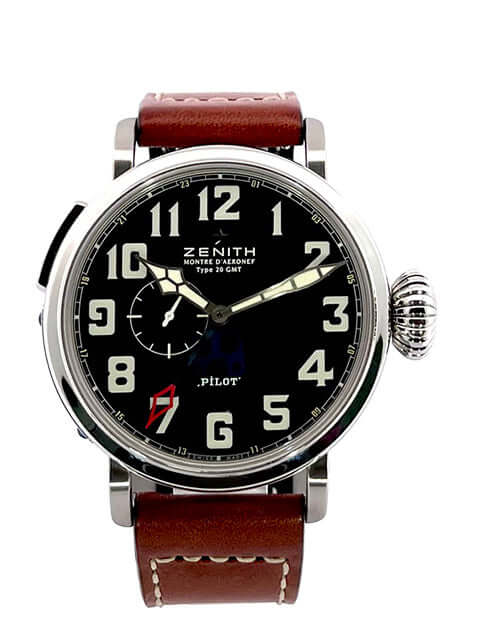 Zenith Pilot Aeronef Type 20 GMT Uhr 03.2430.693-21.C723, Edelstahl Gehäuse, braunes Lederband, schwarzes Zifferblatt, polierte Lünette