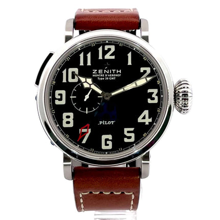 Zenith Pilot Aeronef Type 20 GMT Uhr, poliertes Edelstahlgehäuse, schwarzes Zifferblatt, braunes Lederband, 48 mm Durchmesser, 03.2430.693-21.C723.