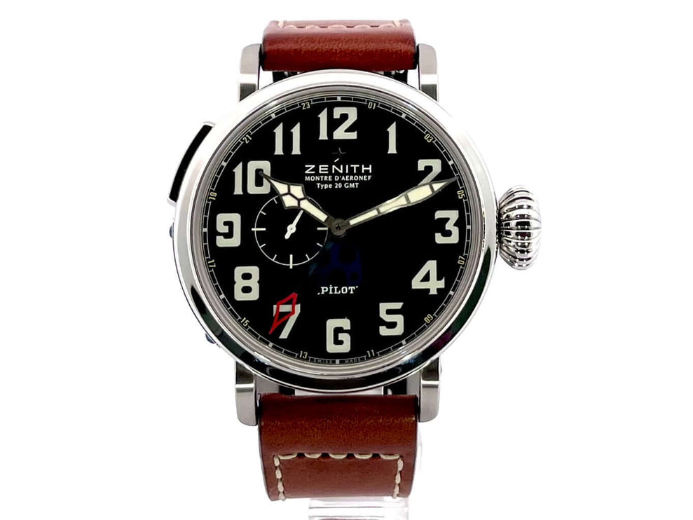 Zenith Pilot Aeronef Type 20 GMT Uhr, poliertes Edelstahlgehäuse, schwarzes Zifferblatt, braunes Lederband, 48 mm Durchmesser, 03.2430.693-21.C723.