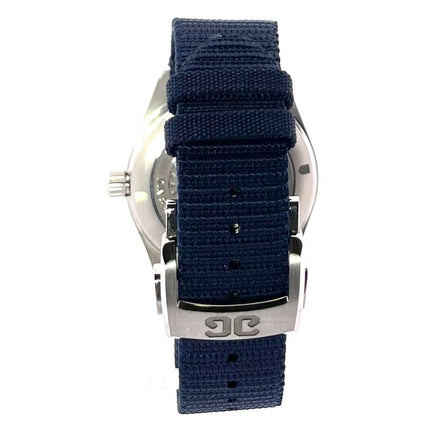 Rückansicht der Glashütte Original SeaQ Ref. 1-39-11-09-81-34 mit blauem Textilband und Faltschließe.