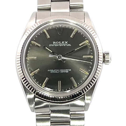 Rolex Oyster Perpetual 34 Ref. 1005, Edelstahlgehäuse, graues Zifferblatt, Oysterstahlband, Leuchtindizes, Automatik, sehr guter Zustand, Baujahr 1984-1985.