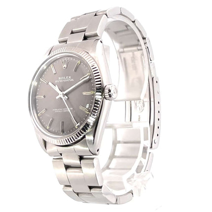 Rolex Oyster Perpetual 34 Ref. 1005 Edelstahluhr mit grauem Zifferblatt und Oyster-Armband, sehr guter Zustand, automatik, Baujahr 1984-1985