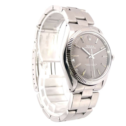 Rolex Oyster Perpetual 34 Ref. 1005, Edelstahl Gehäuse, graues Zifferblatt, Oysterband, polierte Lünette, sehr guter Zustand, ca. 1984-1985