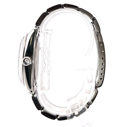 Seitenansicht der Rolex Oyster Perpetual 34 Ref. 1005 mit Edelstahlband und Faltschließe, poliertes Gehäuse und Krone, Plexiglas.