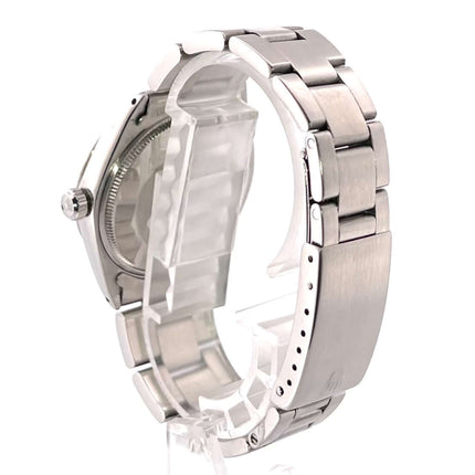 Rückseite der Rolex Oyster Perpetual 34 Ref. 1005 mit Edelstahlgehäuse und satiniertem Edelstahlarmband.