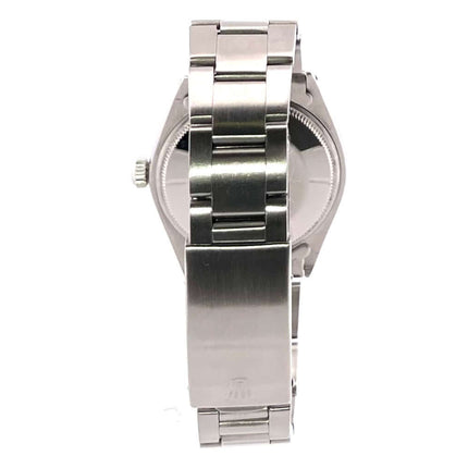 Rückseite der Rolex Oyster Perpetual 34 Ref. 1005 mit Edelstahl-Oysterband und Faltschließe, poliert und satiniert, vintage Uhr aus den 1980er Jahren.