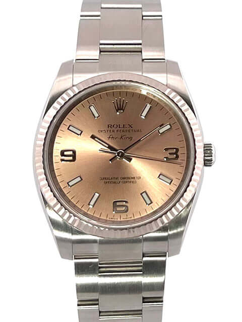 Rolex Air King Ref. 114234 Uhr mit rosa Zifferblatt, arabischen Ziffern und Oyster-Armband aus Stahl und Weißgold.