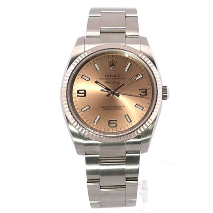 Rolex Air King Ref. 114234, Edelstahl Gehäuse, rosa Zifferblatt mit arabischen Ziffern 9, 6, 3, und Indizes, Oyster Armband aus Stahl.