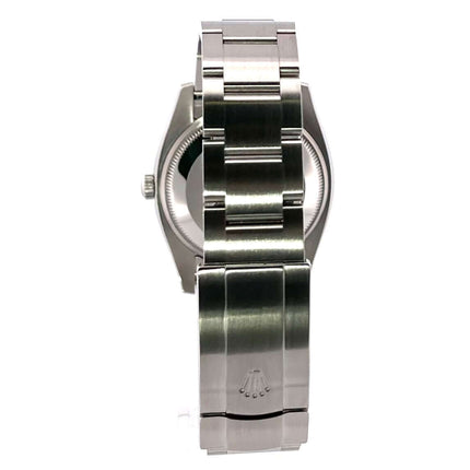 Rückansicht des Rolex Air King Ref. 114234 mit poliertem und satiniertem Edelstahl-Oyster-Armband und Faltschließe.