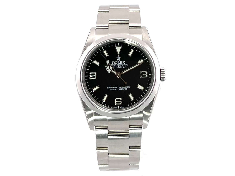 Rolex Explorer I Edelstahl 36 Ref. 114270, poliertes und satiniertes Edelstahlgehäuse, schwarzes Zifferblatt mit arabischen Leuchtziffern und Leuchtindizes