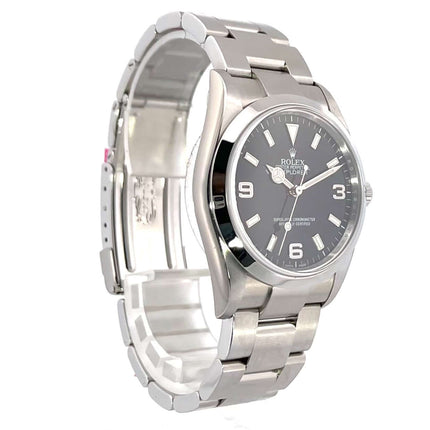 Rolex Explorer I Edelstahl 36 Ref. 114270 mit poliertem und satiniertem Edelstahlgehäuse und schwarzem Zifferblatt.