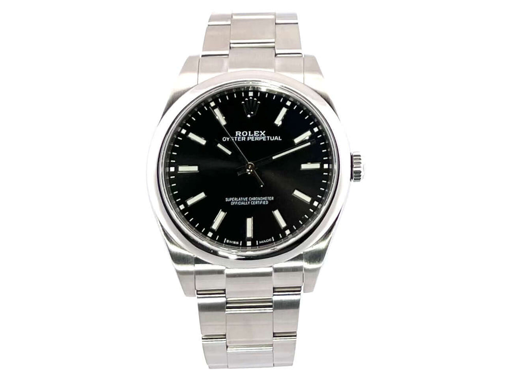 Rolex Oyster Perpetual 39 Schwarz 114300, Edelstahlgehäuse, schwarzes Zifferblatt, 2019, Automatik, sehr guter Zustand, mit Box.