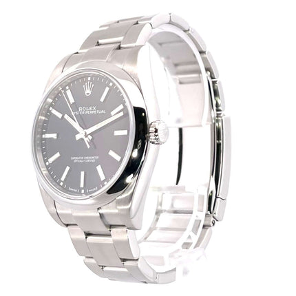 Rolex Oyster Perpetual 39 Schwarz 114300, Edelstahlgehäuse und -band, schwarzes Zifferblatt, Automatik, sehr guter Zustand, Jahr 2019