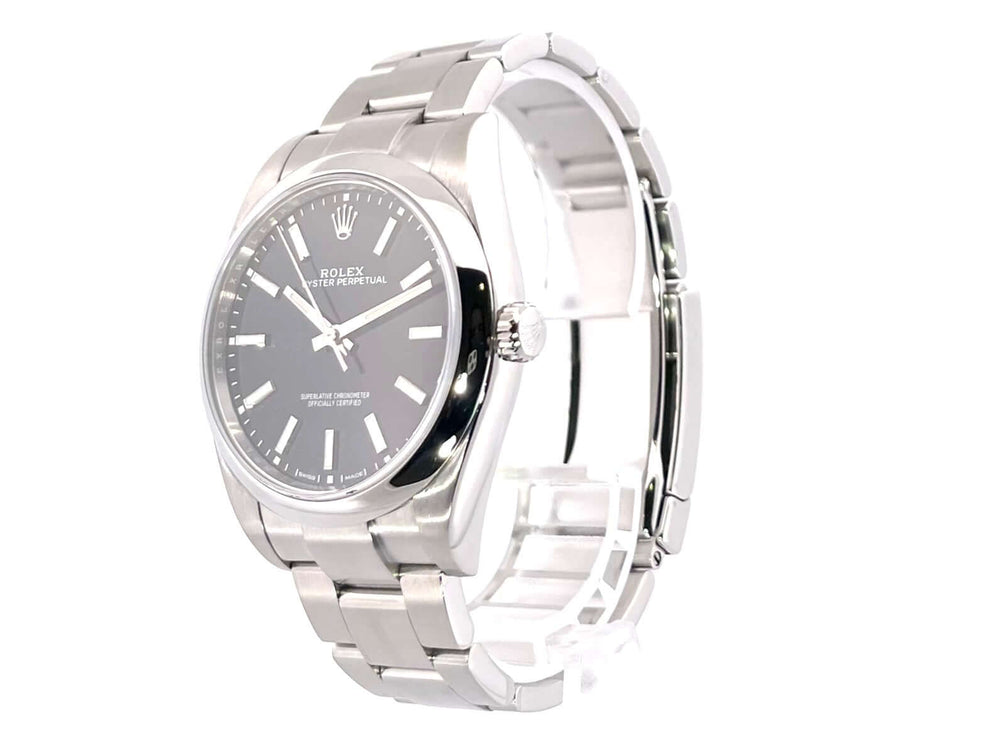 Rolex Oyster Perpetual 39 Schwarz 114300, Edelstahlgehäuse und -band, schwarzes Zifferblatt, Automatik, sehr guter Zustand, Jahr 2019