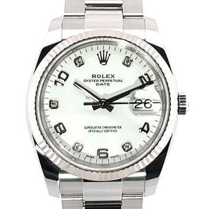 Rolex Oyster Perpetual Date 34 115234 Weiß Diamant, Edelstahlgehäuse, weißes Zifferblatt, 34 mm, Weißgold-Lünette, Automatikwerk.