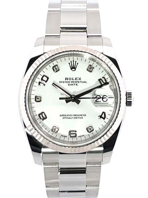 Rolex Oyster Perpetual Date 34 115234 Weiß Diamant, Edelstahlgehäuse, weißes Zifferblatt, 34 mm, Weißgold-Lünette, Automatikwerk.