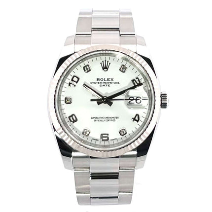 Rolex Oyster Perpetual Date 34 Ref. 115234 Weiß Diamant Edelstahl/Weißgold, 34 mm Gehäuse, weißes Zifferblatt, Diamant-Indexe, Faltschließe