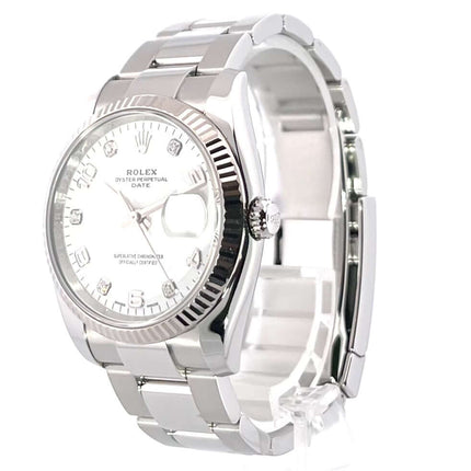 Rolex Oyster Perpetual Date 34 115234 Weiß Diamant, Edelstahl und Weißgold Uhr mit Diamanten und arabischen Ziffern, poliertes Oyster Armband.