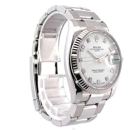 Rolex Oyster Perpetual Date 34 115234 Weiß Diamant Edelstahl/Weißgold Uhr mit weißem Zifferblatt, Diamanten und Oyster Armband.