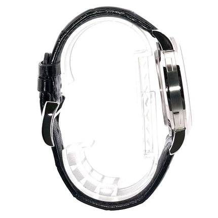 A. Lange & Söhne Lange 1 Zeitzone Platin 116.025 Seitenansicht mit schwarzem Alligatorlederband und Platin Dornschließe