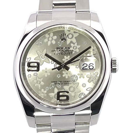 Rolex Datejust 36 Edelstahl Ref. 116200 mit silbernem Floral Zifferblatt und Oyster Armband, Automatikuhr in sehr gutem Zustand