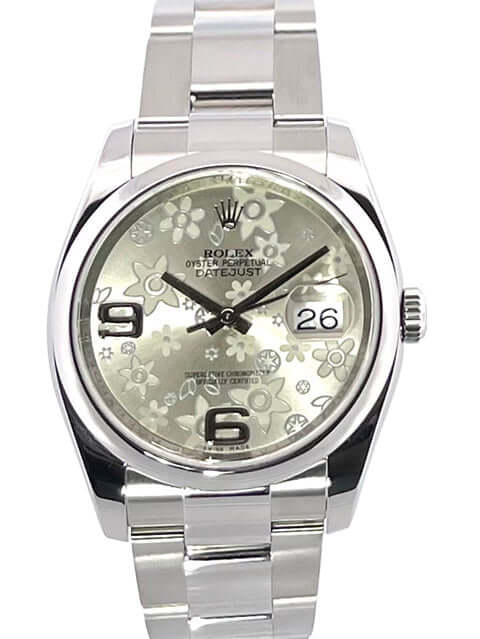 Rolex Datejust 36 Edelstahl Ref. 116200 mit silbernem Floral Zifferblatt und Oyster Armband, Automatikuhr in sehr gutem Zustand