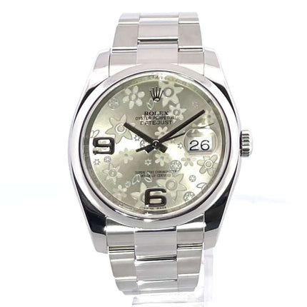Rolex Datejust 36 Ref. 116200 Edelstahl, silbernes Floral Zifferblatt, Oyster Armband, Automatik, Datumsanzeige, Saphirglas, wasserdicht bis 10 bar.