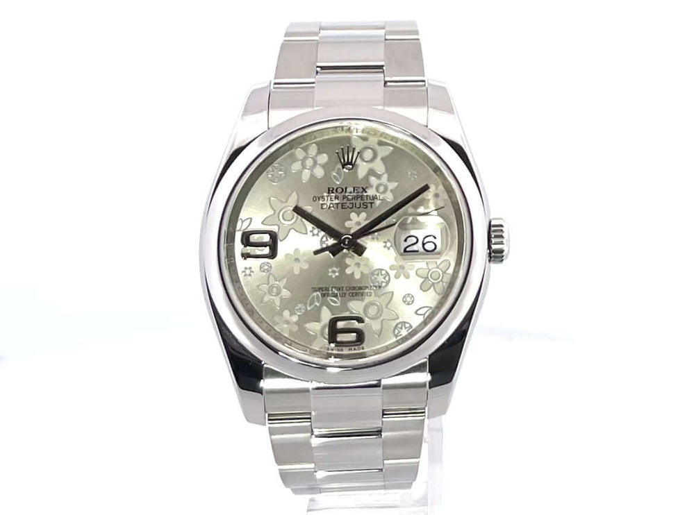 Rolex Datejust 36 Ref. 116200 Edelstahl, silbernes Floral Zifferblatt, Oyster Armband, Automatik, Datumsanzeige, Saphirglas, wasserdicht bis 10 bar.