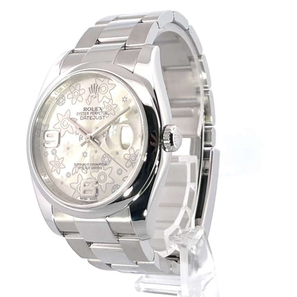 Rolex Datejust 36 Edelstahl 116200 Silber Floral Zifferblatt, poliertes und satiniertes Edelstahlgehäuse, Oyster Armband, Automatik, Top Zustand