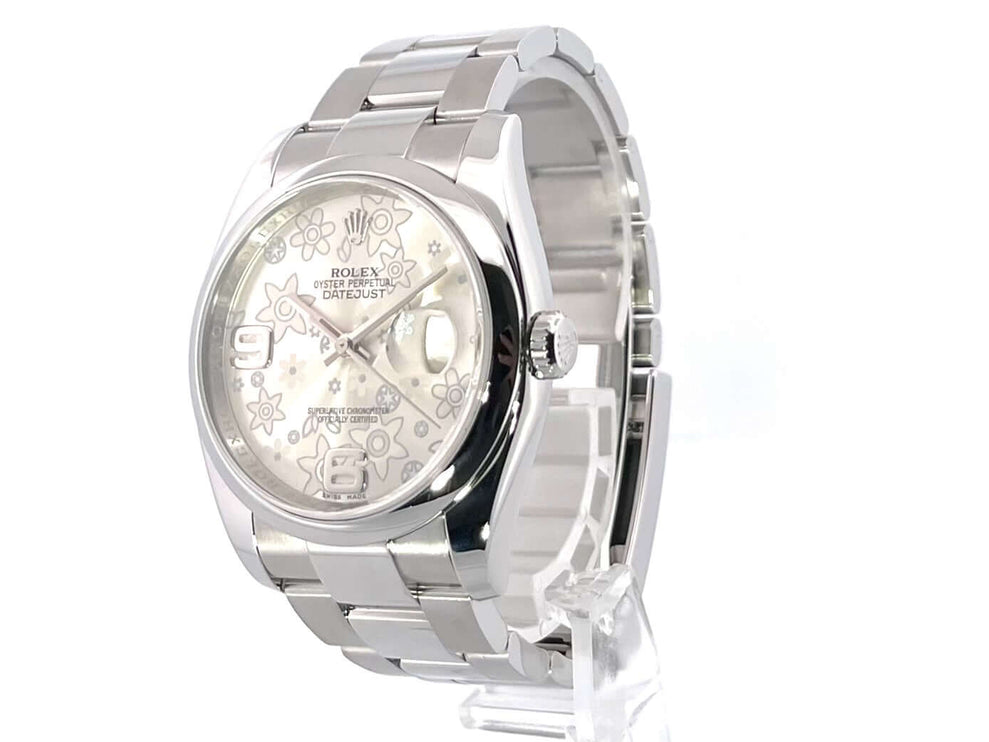 Rolex Datejust 36 Edelstahl 116200 Silber Floral Zifferblatt, poliertes und satiniertes Edelstahlgehäuse, Oyster Armband, Automatik, Top Zustand