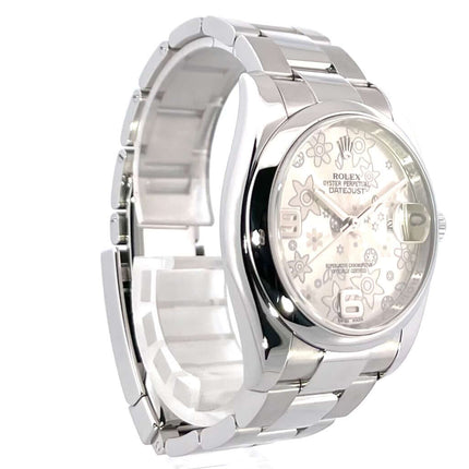 Rolex Datejust 36 Ref. 116200, Edelstahl, silbernes florales Zifferblatt, Oyster-Armband, Automatik, sehr guter Zustand, seitliche Ansicht