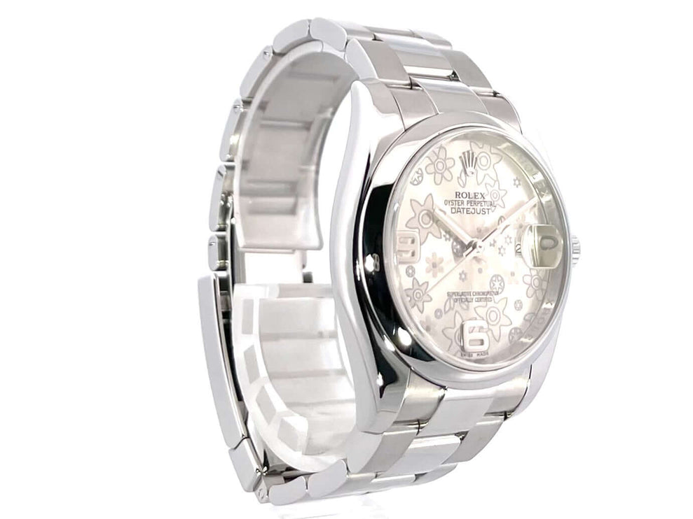 Rolex Datejust 36 Ref. 116200, Edelstahl, silbernes florales Zifferblatt, Oyster-Armband, Automatik, sehr guter Zustand, seitliche Ansicht
