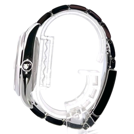 Rolex Datejust 36 Edelstahl 116200 Seitenansicht, poliertes und satiniertes Edelstahlgehäuse, silbernes Zifferblatt mit floralem Muster, Oyster Armband