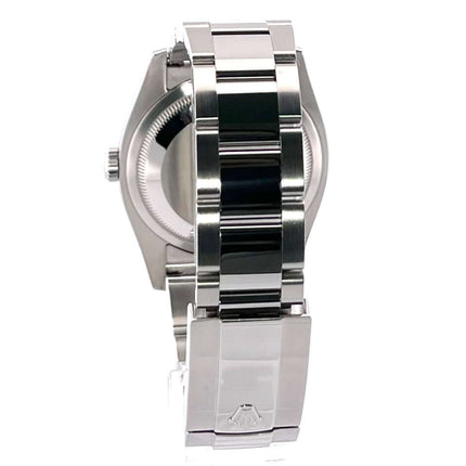 Rückansicht der Rolex Datejust 36 Edelstahl Ref. 116200 mit geschlossenem Oyster Armband und Faltschließe.