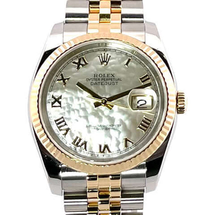 Rolex Datejust 36 Edelstahl Gelbgold 116233, Perlmutt-Zifferblatt mit römischen Ziffern, Jubilé-Armband.
