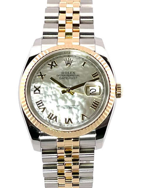 Rolex Datejust 36 Edelstahl Gelbgold 116233, Perlmutt-Zifferblatt mit römischen Ziffern, Jubilé-Armband.