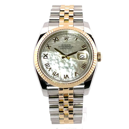 Rolex Datejust 36 Edelstahl Gelbgold 116233 mit Perlmutt Zifferblatt, römischen Ziffern und zweifarbigem Jubilé-Armband.