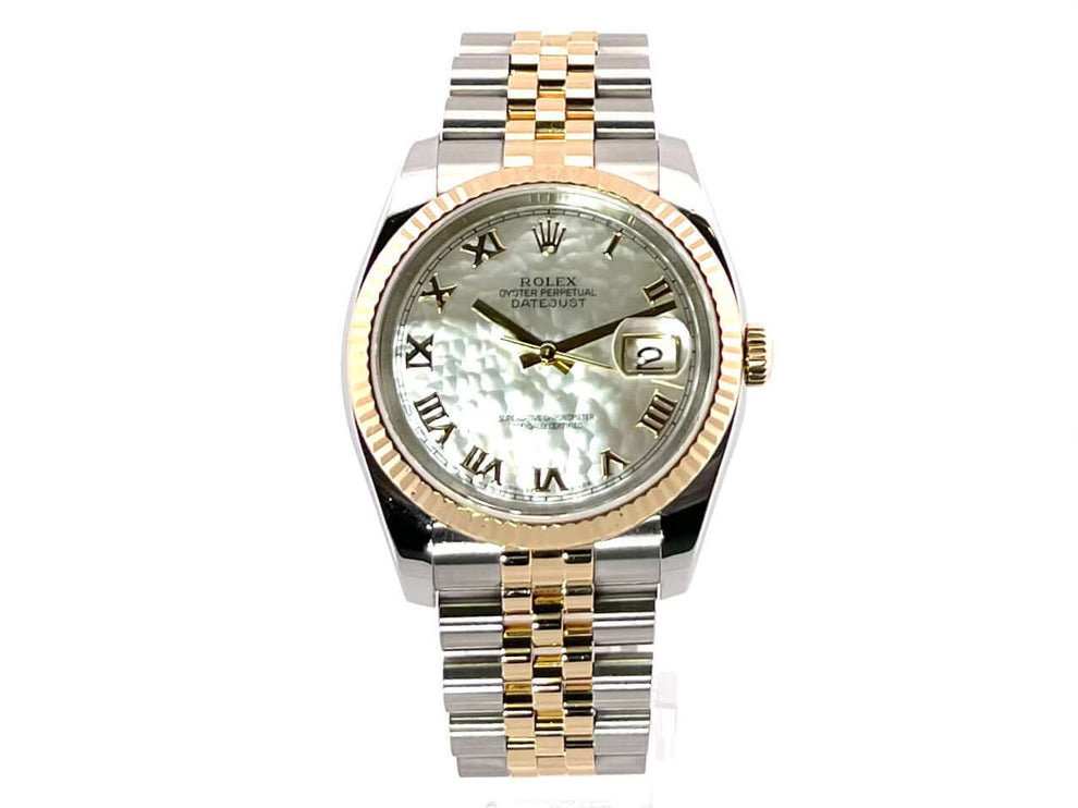 Rolex Datejust 36 Edelstahl Gelbgold 116233 mit Perlmutt Zifferblatt, römischen Ziffern und zweifarbigem Jubilé-Armband.