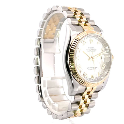 Rolex Datejust 36 Edelstahl Gelbgold Ref. 116233 mit Perlmutt Zifferblatt und römischen Ziffern, Jubilé Band, 18 kt Gelbgold Lünette.