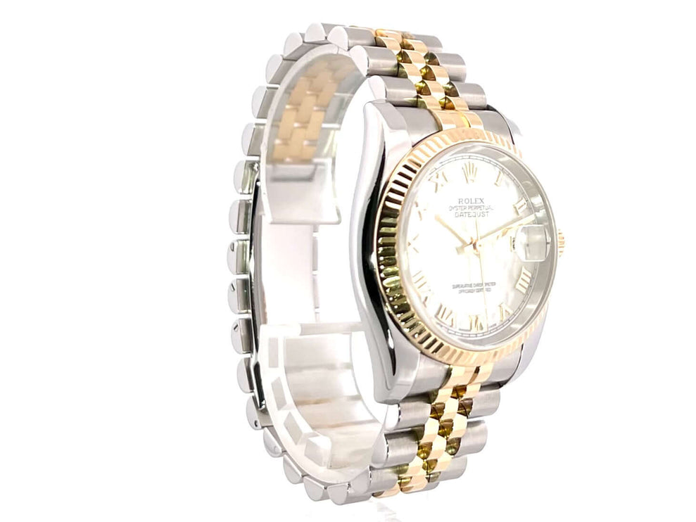 Rolex Datejust 36 Edelstahl Gelbgold Ref. 116233 mit Perlmutt Zifferblatt und römischen Ziffern, Jubilé Band, 18 kt Gelbgold Lünette.