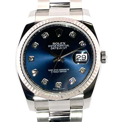 Rolex Datejust 36 Edelstahl Weißgold 116234 Blau Diamant, blaues Zifferblatt mit 10 Diamanten, Oyster Edelstahl Armband, Datumsanzeige 29