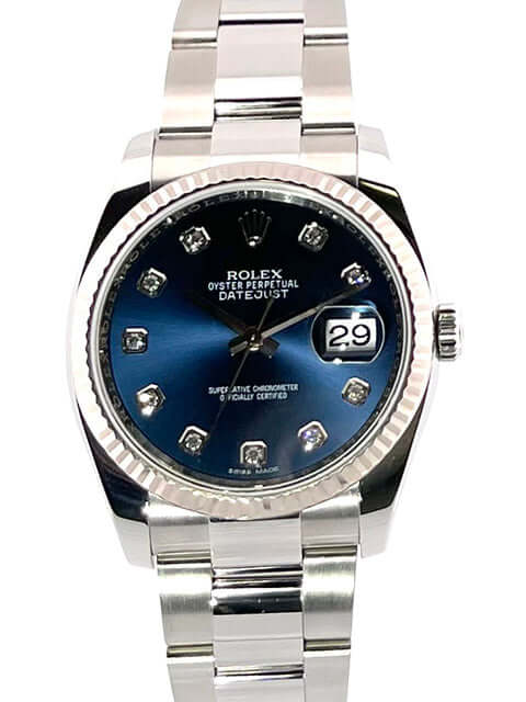 Rolex Datejust 36 Edelstahl Weißgold 116234 Blau Diamant, blaues Zifferblatt mit 10 Diamanten, Oyster Edelstahl Armband, Datumsanzeige 29
