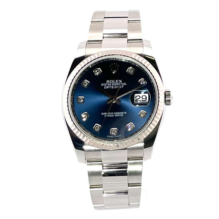 Rolex Datejust 36 Edelstahl Weißgold 116234 Blau Diamant, Edelstahlgehäuse, 36 mm, blaues Zifferblatt, 10 Diamanten, 2016 Modell.