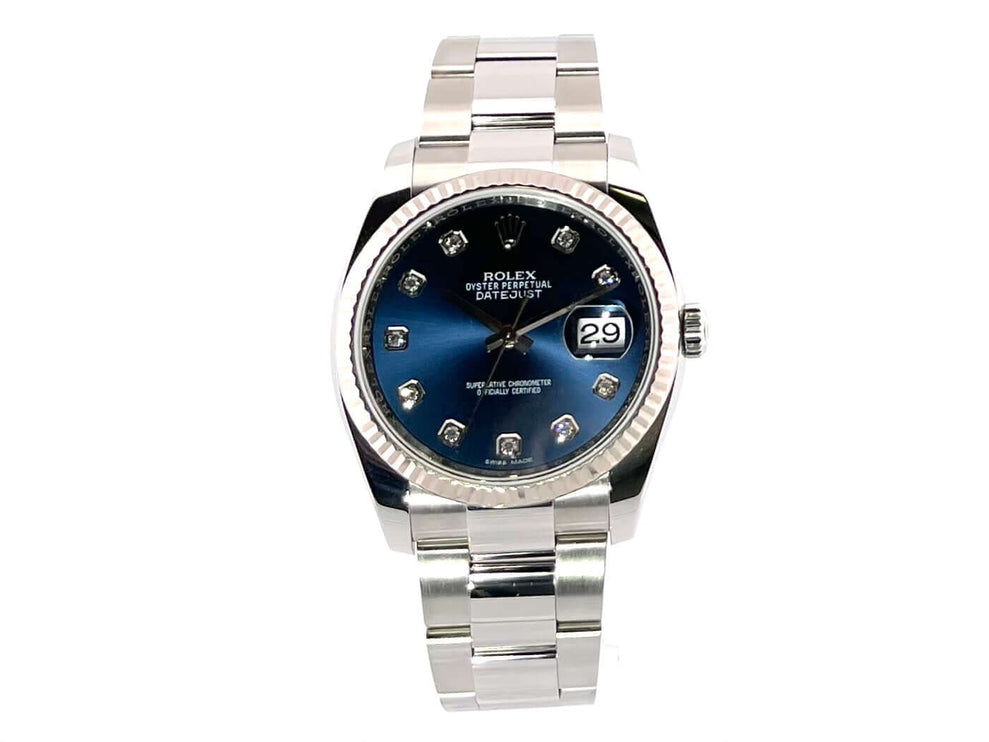 Rolex Datejust 36 Edelstahl Weißgold 116234 Blau Diamant, Edelstahlgehäuse, 36 mm, blaues Zifferblatt, 10 Diamanten, 2016 Modell.