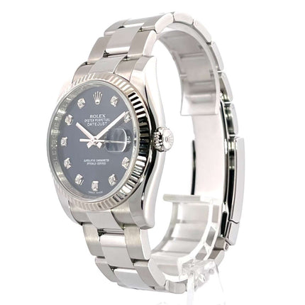Rolex Datejust 36 Edelstahl Weißgold Ref. 116234 mit blauem Zifferblatt und Diamanten, poliertes und satiniertes Edelstahlgehäuse, 18 kt Weißgold-Lünette