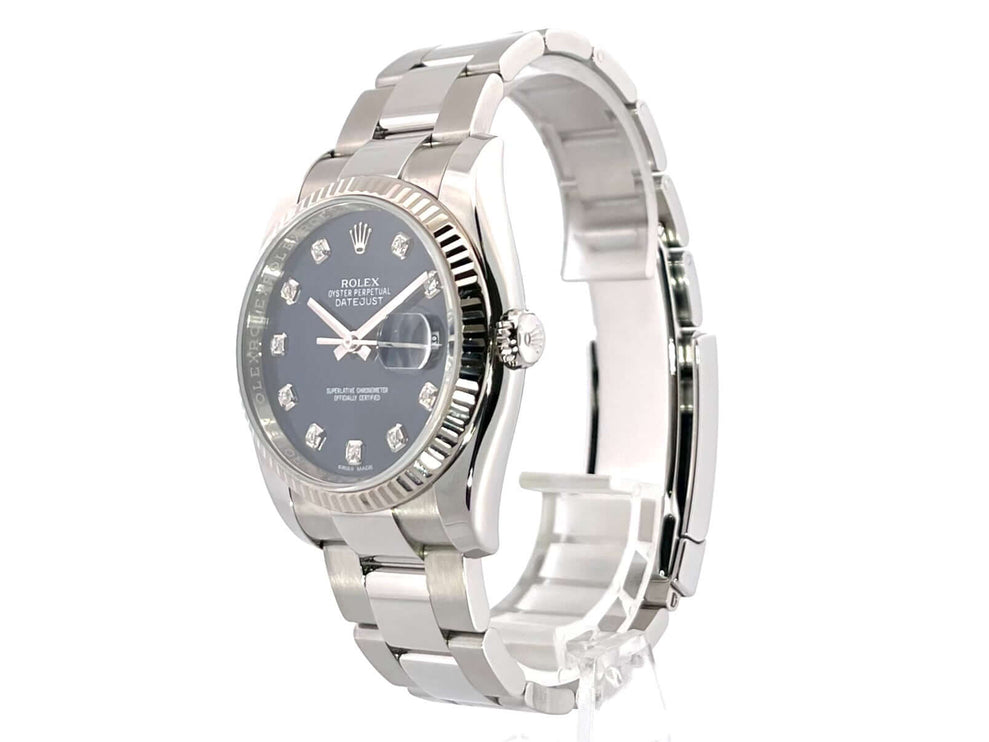 Rolex Datejust 36 Edelstahl Weißgold Ref. 116234 mit blauem Zifferblatt und Diamanten, poliertes und satiniertes Edelstahlgehäuse, 18 kt Weißgold-Lünette