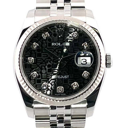 Rolex Datejust 36 Edelstahl/Weißgold 116234 Schwarz J Diamant Jubile-Band, poliertes und satiniertes Gehäuse mit 18kt Weißgold-Lünette.