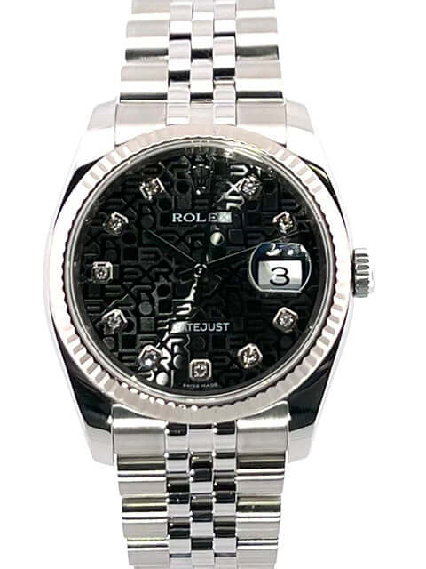 Rolex Datejust 36 Edelstahl/Weißgold 116234 Schwarz J Diamant Jubile-Band, poliertes und satiniertes Gehäuse mit 18kt Weißgold-Lünette.