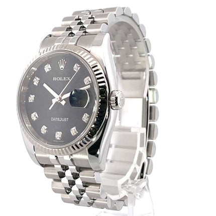 Rolex Datejust 36 Edelstahl Weißgold 116234 mit schwarzem Zifferblatt und Diamanten auf Jubile-Band.
