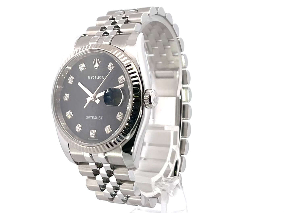 Rolex Datejust 36 Edelstahl Weißgold 116234 mit schwarzem Zifferblatt und Diamanten auf Jubile-Band.